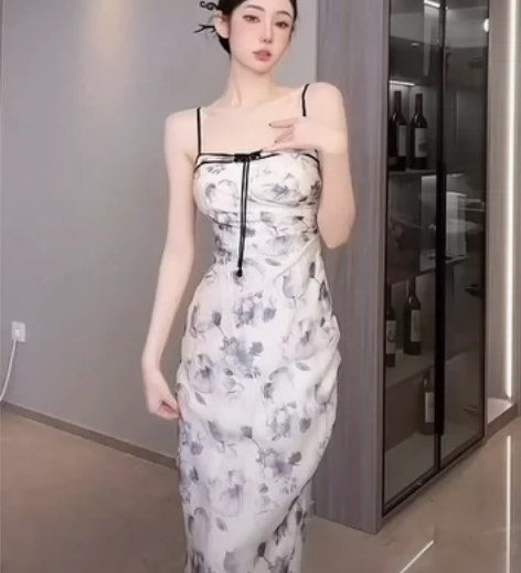 【雅乔定制】忘忧 水墨提花吊带连衣裙DYT...
