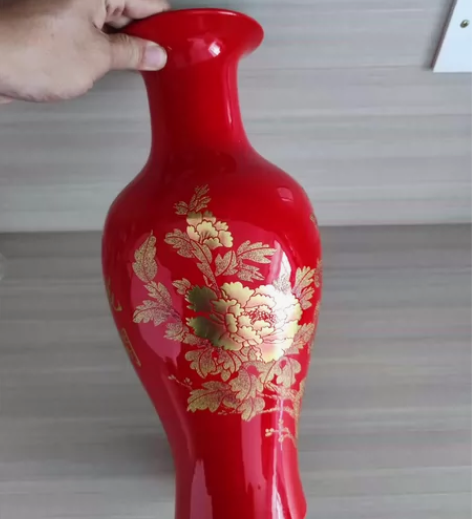 景德镇大红色陶瓷花瓶,婚房装饰摆件,高36...