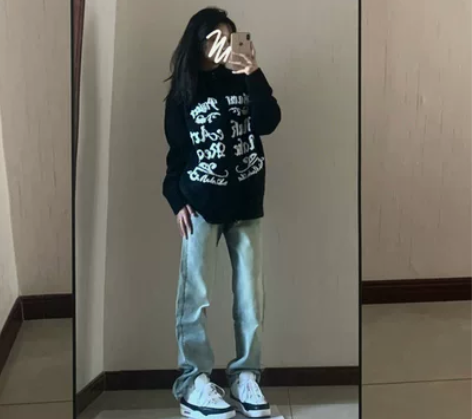 175加长高个子美式做旧黄泥染牛仔裤女秋冬...