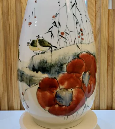 高温颜色釉写意花鸟赏瓶，景德镇手工手绘陶瓷...