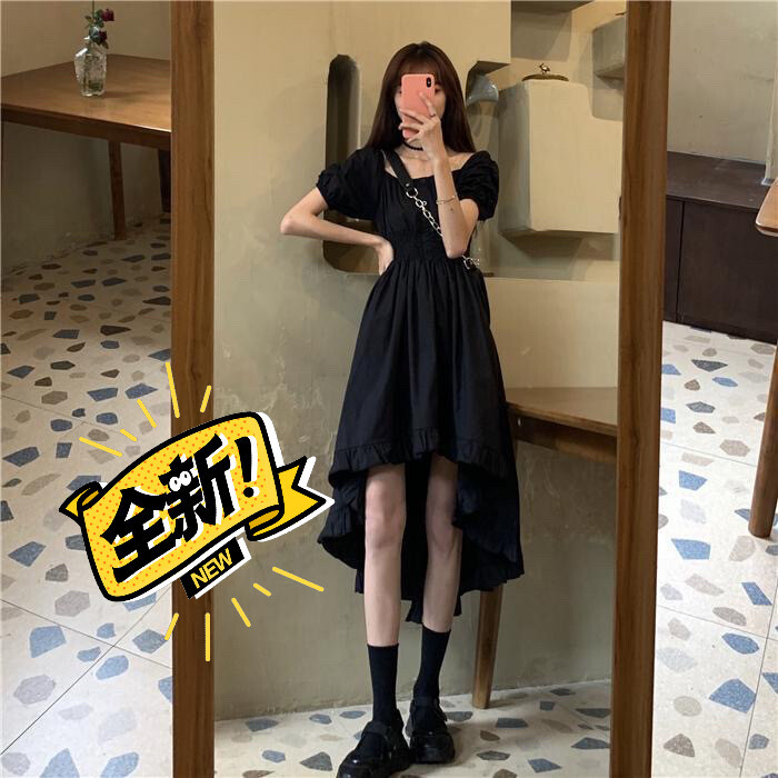 小众a字裙,前短后长裙子,黑色连衣裙,夏季...