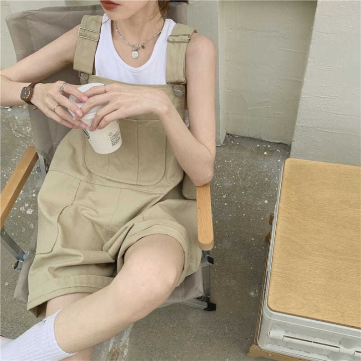 背带裤阔腿短裤女夏季复古宽松2021新款日...