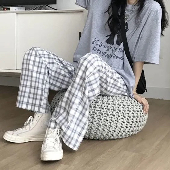 春夏季新款韩版学生宽松复古休闲格子显瘦阔腿...