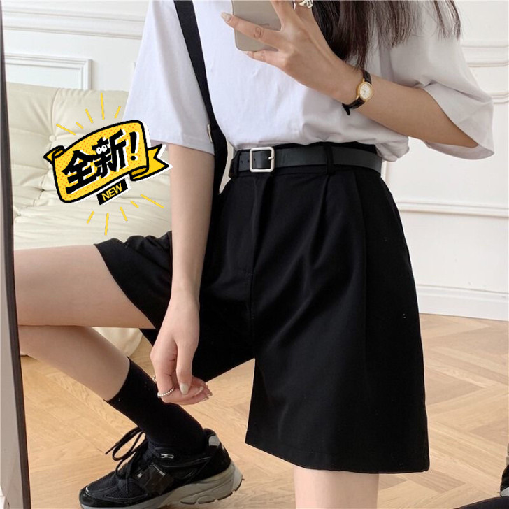 西装短裤女夏宽松阔腿高腰直筒港味休闲中裤五...