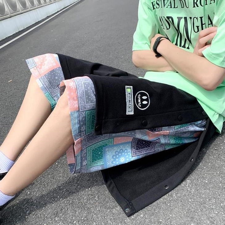彩色腰果花排扣短裤男夏季宽松潮牌ins港风...