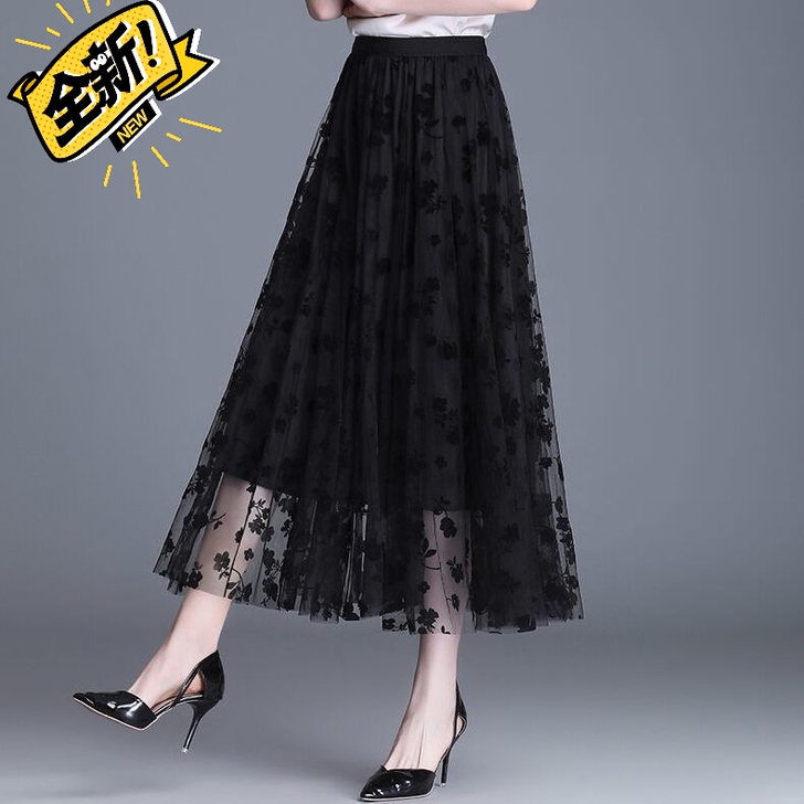 印花网纱半身裙女春夏2021新款高腰a字裙...
