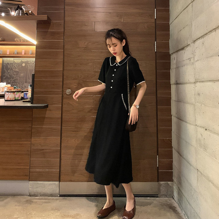 赫本小黑裙女夏复古流行裙子大码polo黑色...