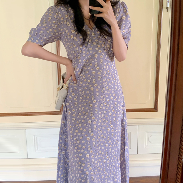 大码高腰碎花连衣裙女夏季胖mm雪纺仙女裙子...