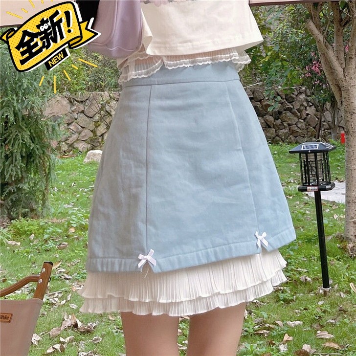 裙子女夏季日系软妹可爱蝴蝶结半身裙高腰百褶...