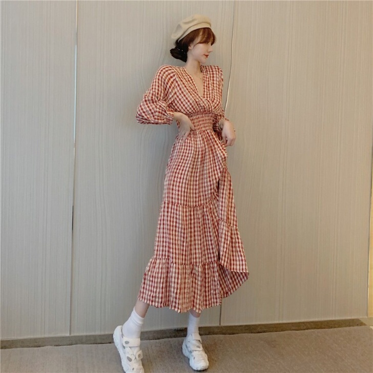 2021年春季新款女装森系仙女格子长裙法式...