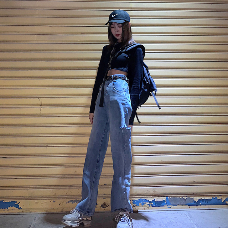 高腰破烂阔腿泫雅牛仔裤女宽松破洞裤子直筒显...