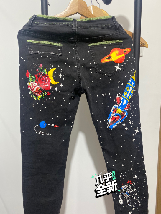 刺绣印花黑色牛仔裤 M
