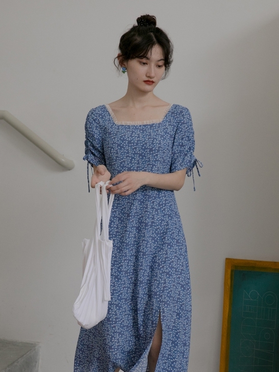 你好卡农 法式网纱方领连衣裙女2021新款...