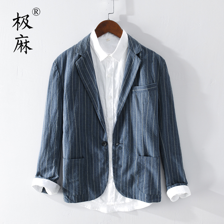 极麻复古条纹棉麻小西服男士商务正装大码宽松...