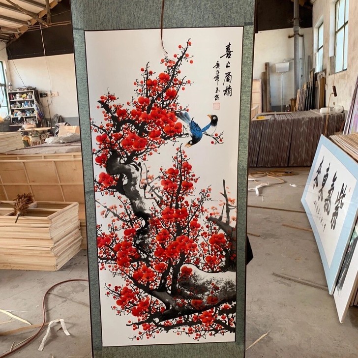 喜鹊字画书画国画四尺竖幅梅花卷轴红色梅花卷...