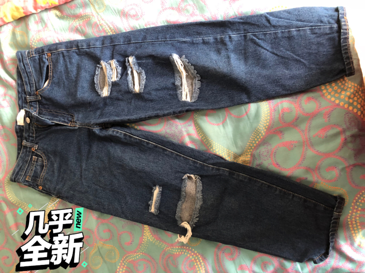 欧洲站深色水洗破洞宽松八分哈伦牛仔裤女20...