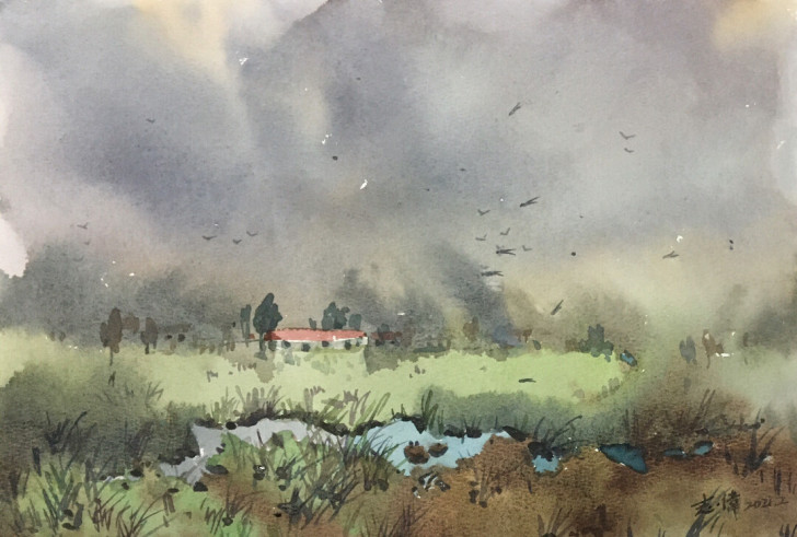 水彩画手绘原创作品装饰画。绿池芳草满晴波，...