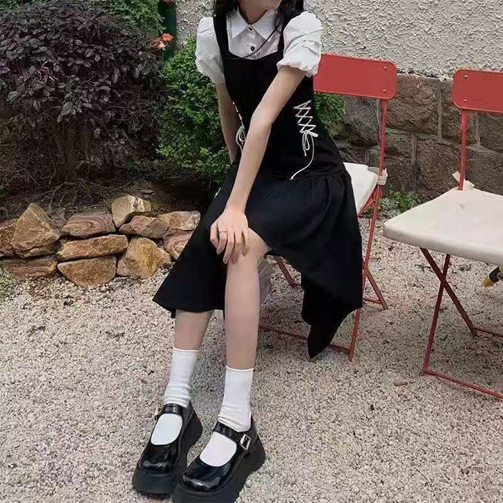 不规则连衣裙拼接假两件连衣裙背带收腰小个子...