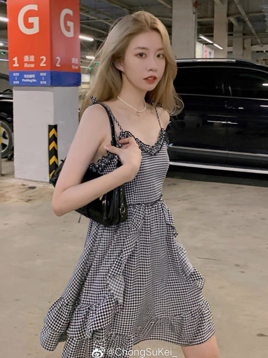 格子连衣裙女夏季显瘦裙子小个子 黑白千鸟格...