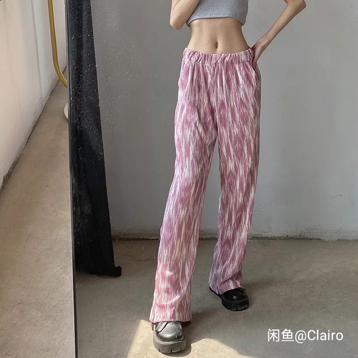 LastHit新款粉色薄款压褶扎染裤女款显...