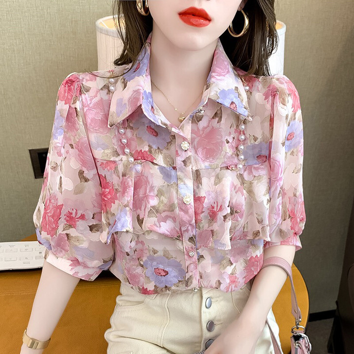【工厂直销】夏季女装新款超仙碎花雪纺衬印花...