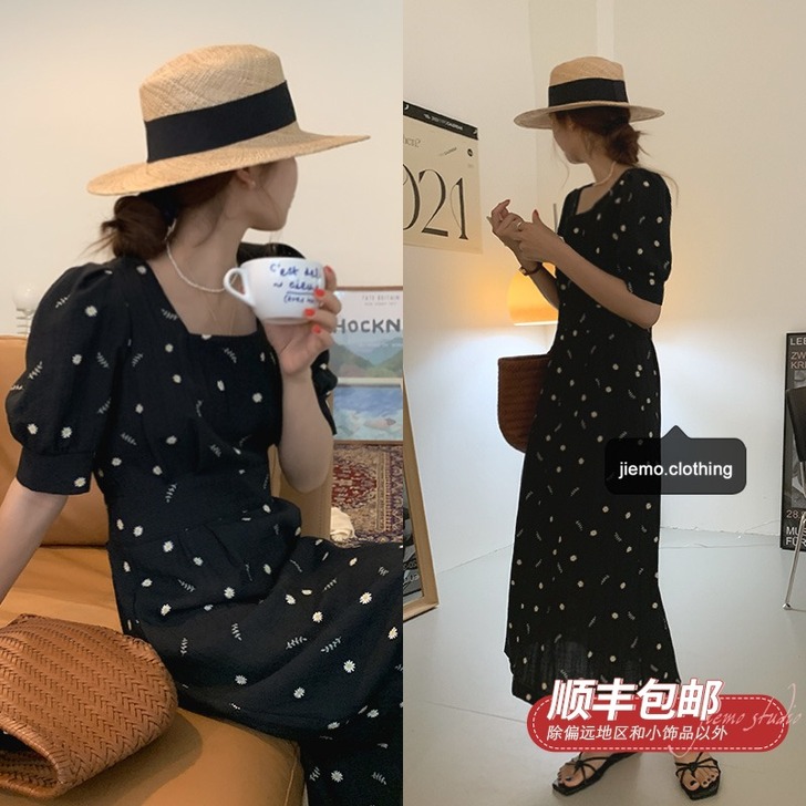 芥末自制碎花连衣裙女2021夏季新款中长款...
