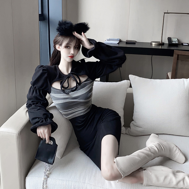 裙子女2020新款性感泡泡袖拼接网纱收腰包...