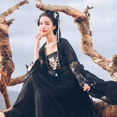 汉尚华莲3同款梦笔生花黑白色汉服女对襟齐腰...