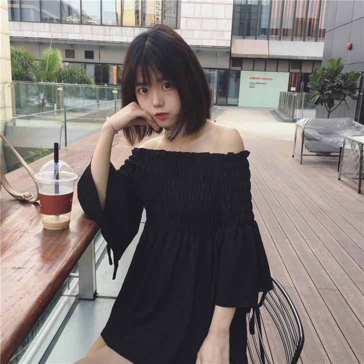 春夏女装韩版气质一字肩露肩甜美雪纺衫绑带袖...