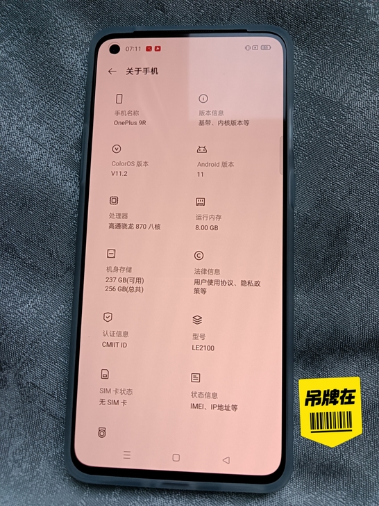 一加9R ，8+256 蓝屿  99新仅拆...