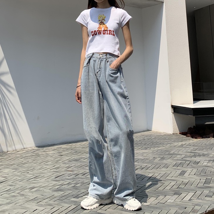 高腰破洞阔腿牛仔裤女直筒宽松显瘦夏季薄款#...