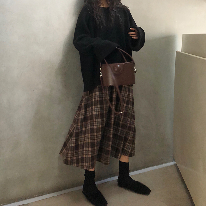 港风早春季复古百搭高腰中长款格子半身裙学生...