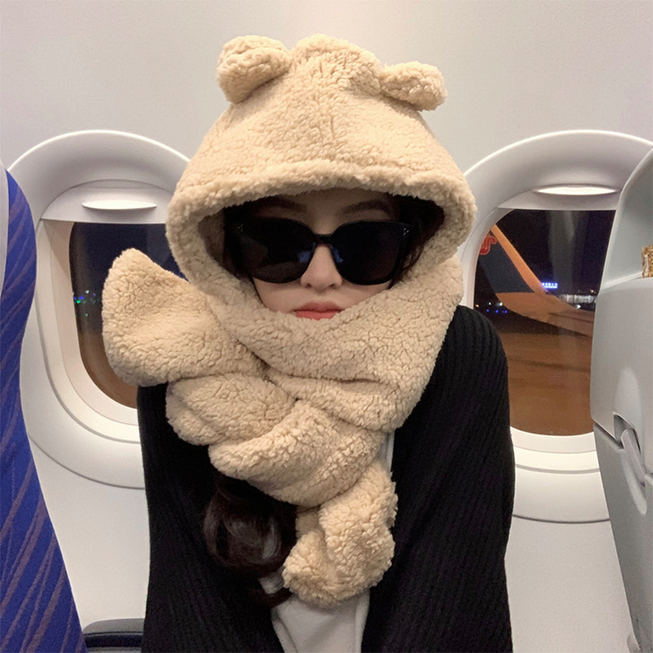 小熊耳朵围巾一体帽子女jennie同款秋冬...