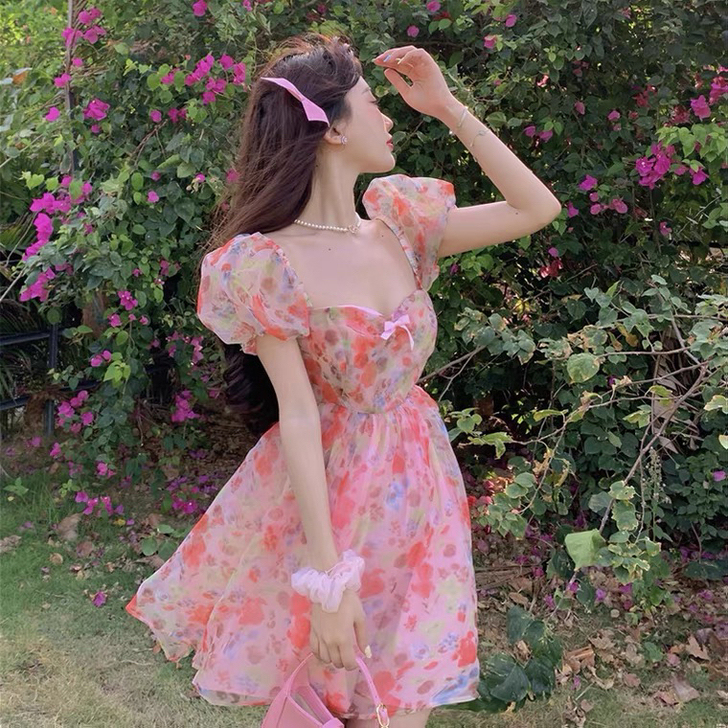 微胖大妈碎花网红泡泡袖连衣裙 140～16...