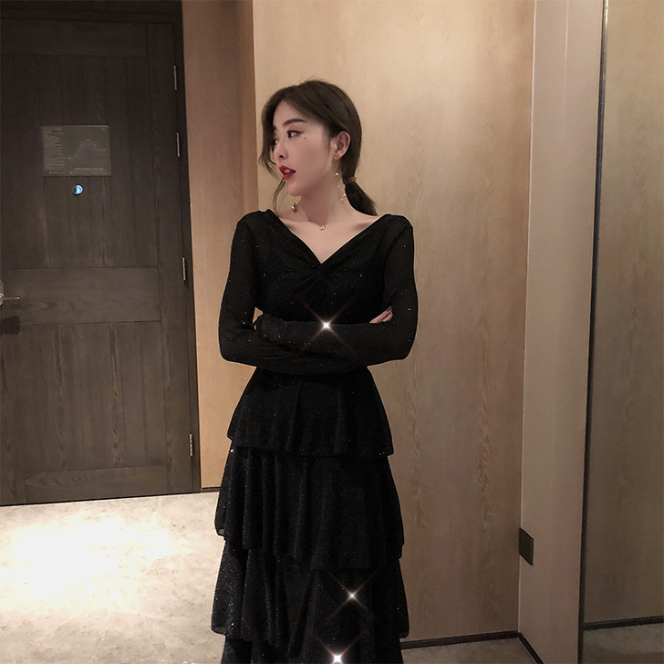 ByYou春季新款性感黑色v领针织连衣裙女...
