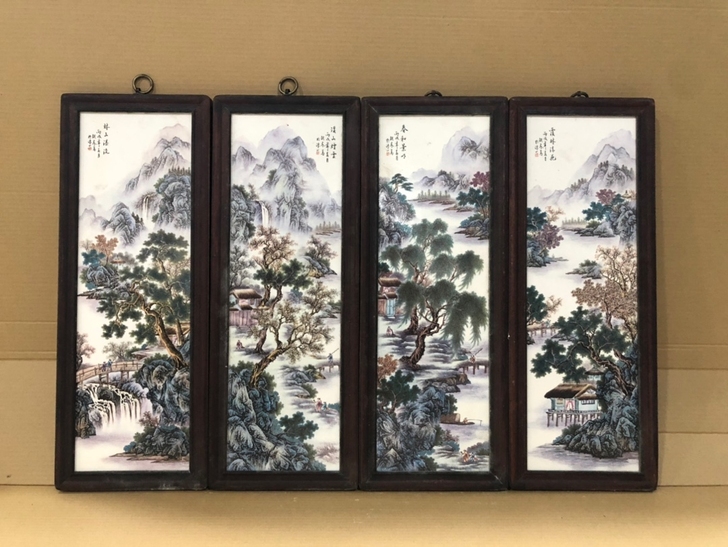 红木框内镶瓷板画粉彩山水四条幅挂屏《张志汤...