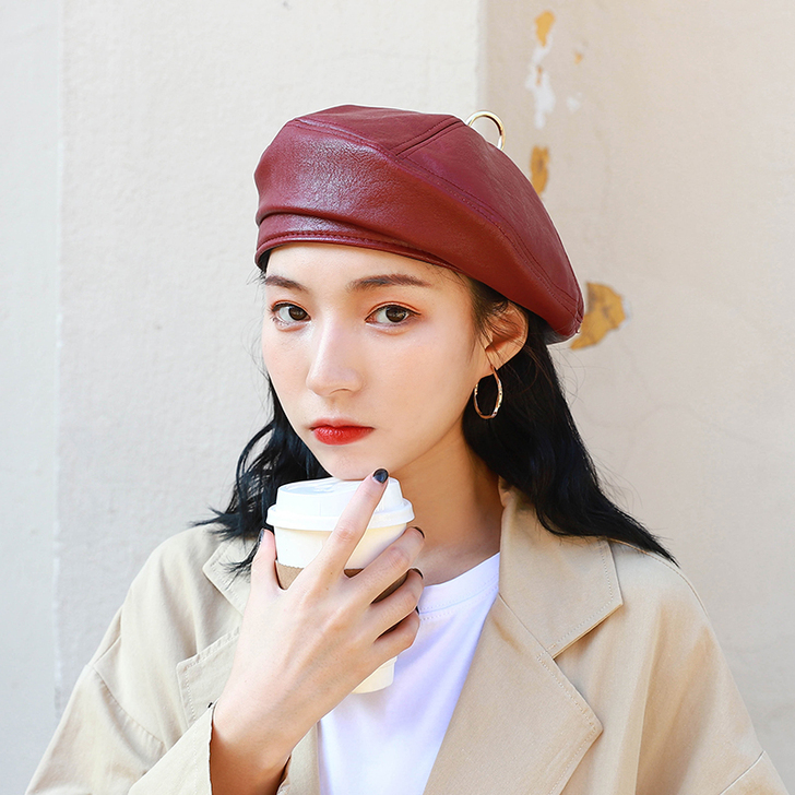 网红复古pu皮质贝雷帽女韩版金属圆环时髦英...