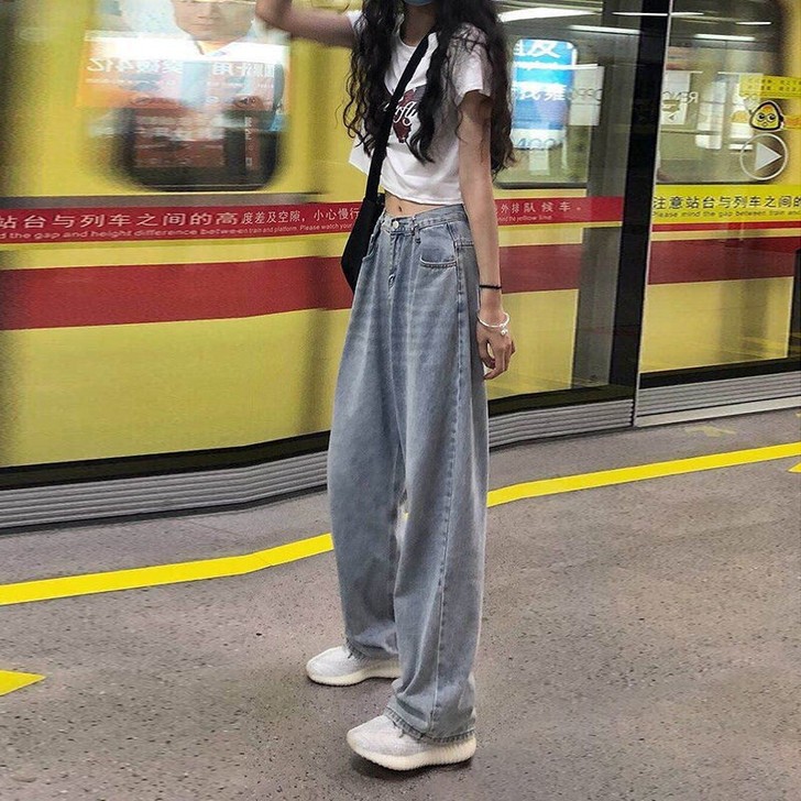韩版ins直筒牛仔裤女秋夏新款宽松可调节高...