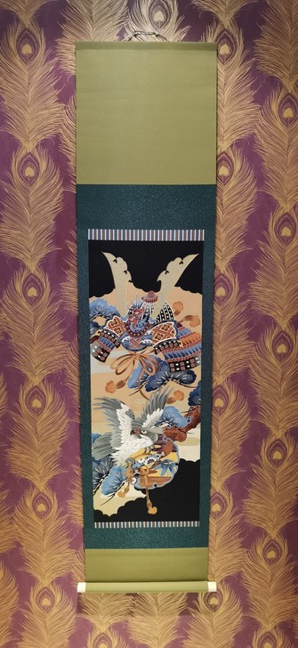 日本回流刺绣画，织锦画，日本武士甲胄，雄鹰...