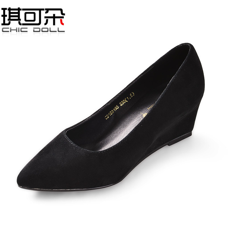 羊皮尖头单鞋女坡跟中跟春季浅口女鞋春款小皮...