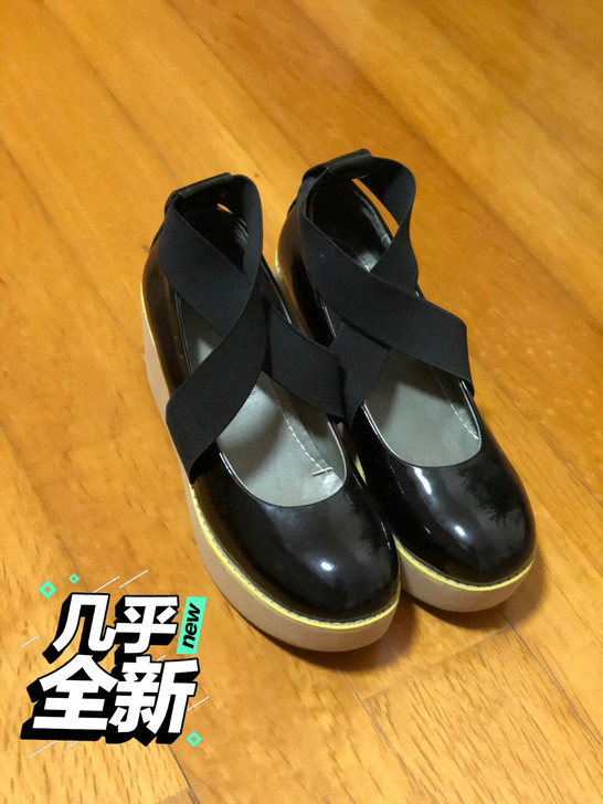 黑色绑带蝴蝶结漆皮高跟鞋坡跟名媛复古Lol...