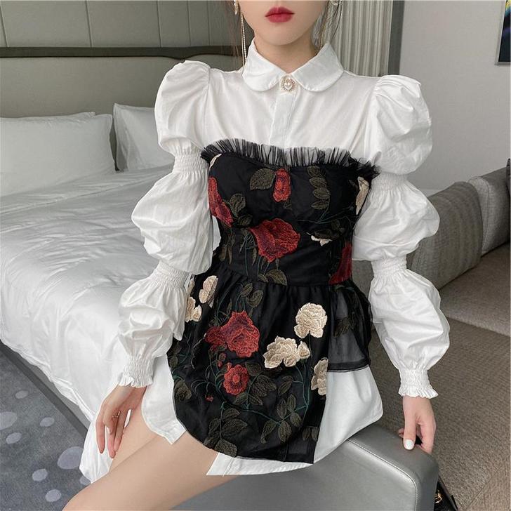 套装女2021秋装法式复古网纱刺绣花抹胸 ...