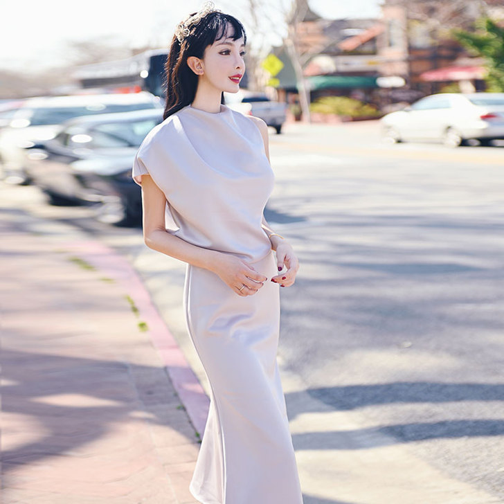子仙仙子女装缎面复合丝内衬气质极简风女不规...