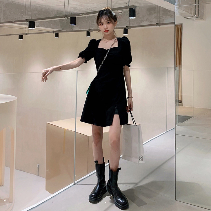 法式开叉黑色连衣裙女2021夏季新款收腰显...