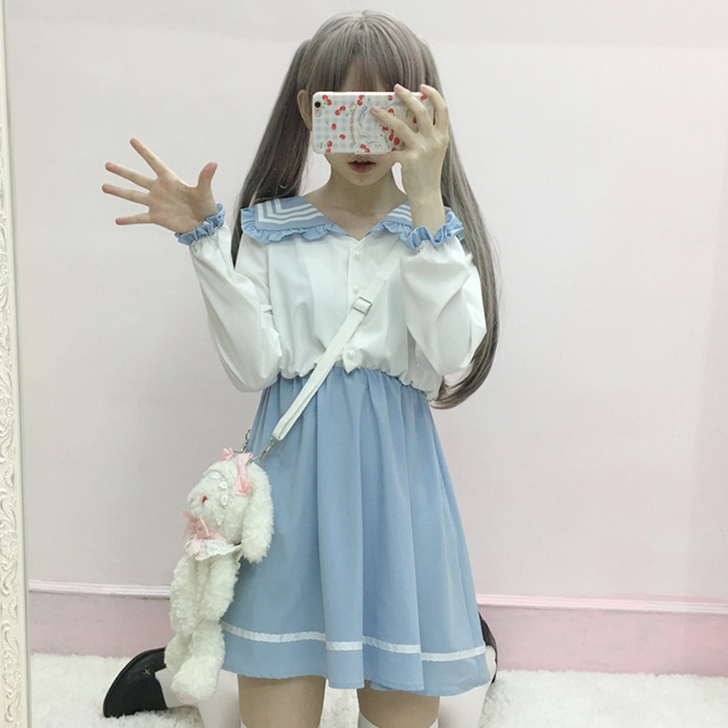 春夏女装韩版小清新海军领学生裙子高腰显瘦拼...