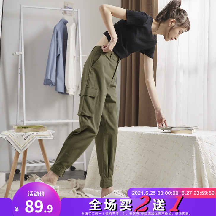 唐狮新款工装裤女显瘦高腰休闲裤女黑色bf束...