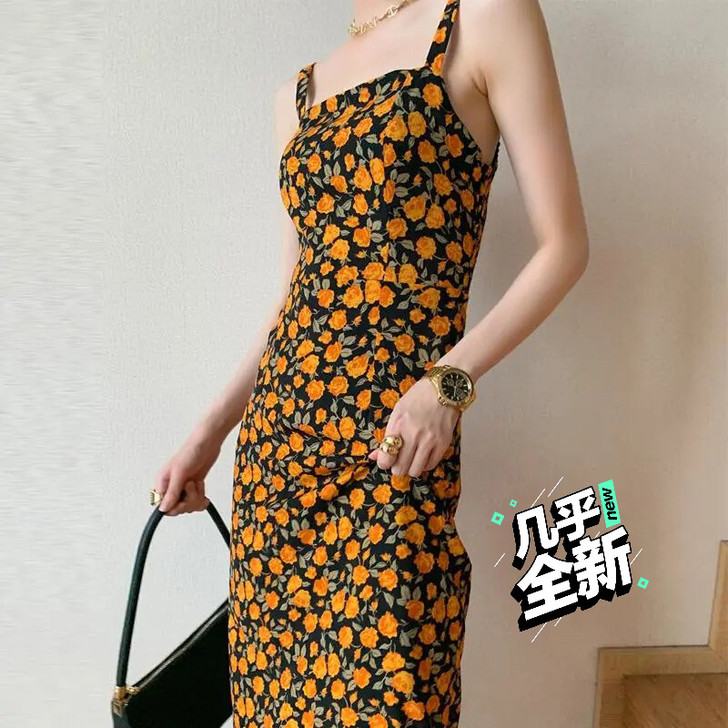 吊带裙中长款气质性感吊带连衣裙外搭夏碎花女...
