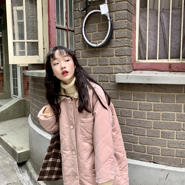 YUKI小树家 日系灯芯绒领子菱格长款棉衣...