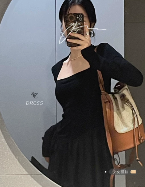 法式裙 法式长裙少女凯拉高级感方领连衣裙女...