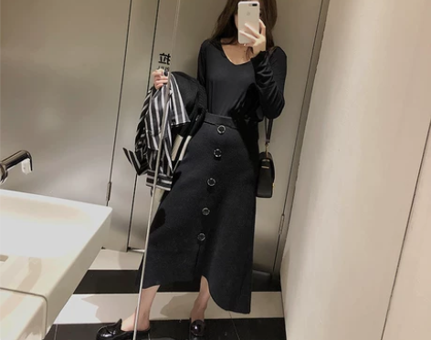 2018新款韩版港味针织半身裙女秋冬高腰a...